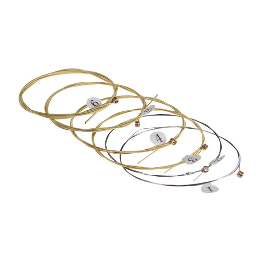 Set of six gold and silver universal acoustic guitar strings with brass hexagonal steel core labeled 1 to 6