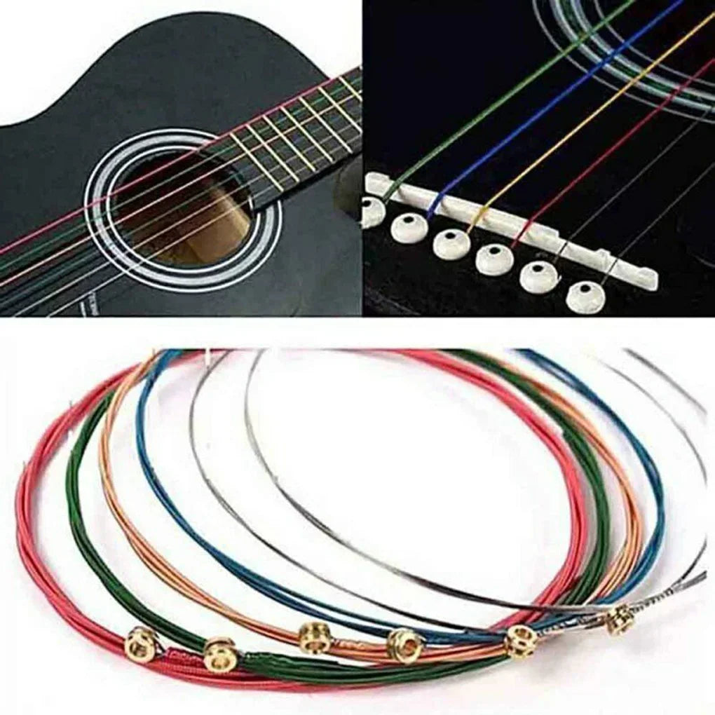 Colorful 6pcs set universal acoustic guitar string brass with hexagonal steel core and gold-colored tuning pegs coiled arrangement
