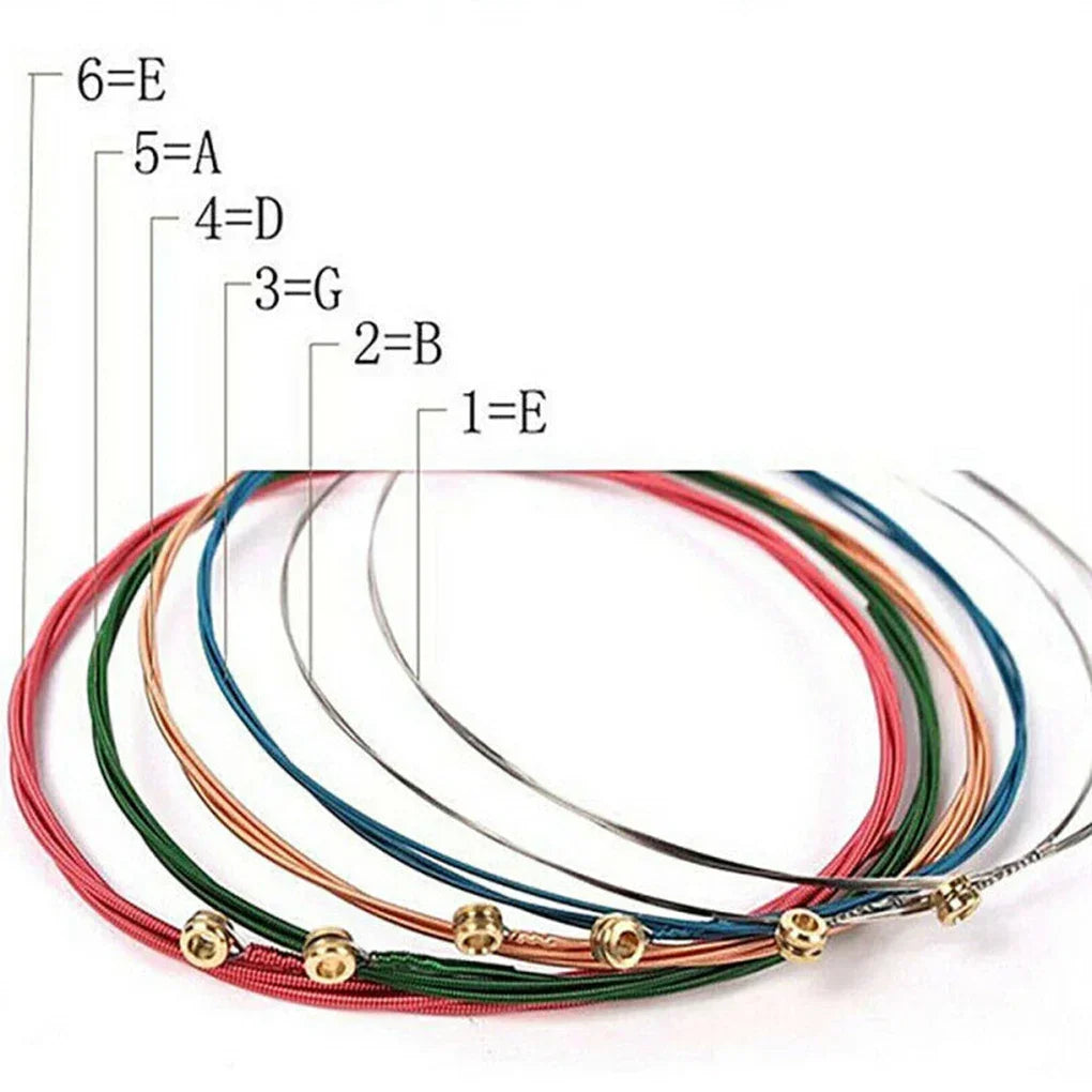 Colorful 6pcs set universal guitar string brass with hexagonal steel core in red green blue and silver with gold tuning pegs
