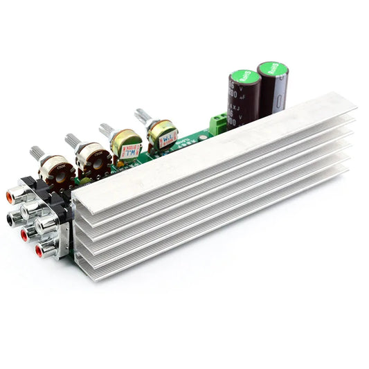 Silver aluminum heatsink on green circuit board with knobs for 6x18w channels power amplifiers surround center subwoofer power amplifiers
