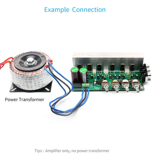 Silver cylindrical power transformer with black top and wiring connected to green circuit board of 6x18w channels power amplifiers surround center subwoofer power amplifiers