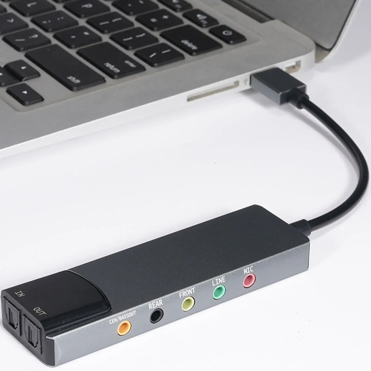 Black and silver 7.1 usb 2.0 external sound card with spdif digital sound and multiple ports for high resolution music