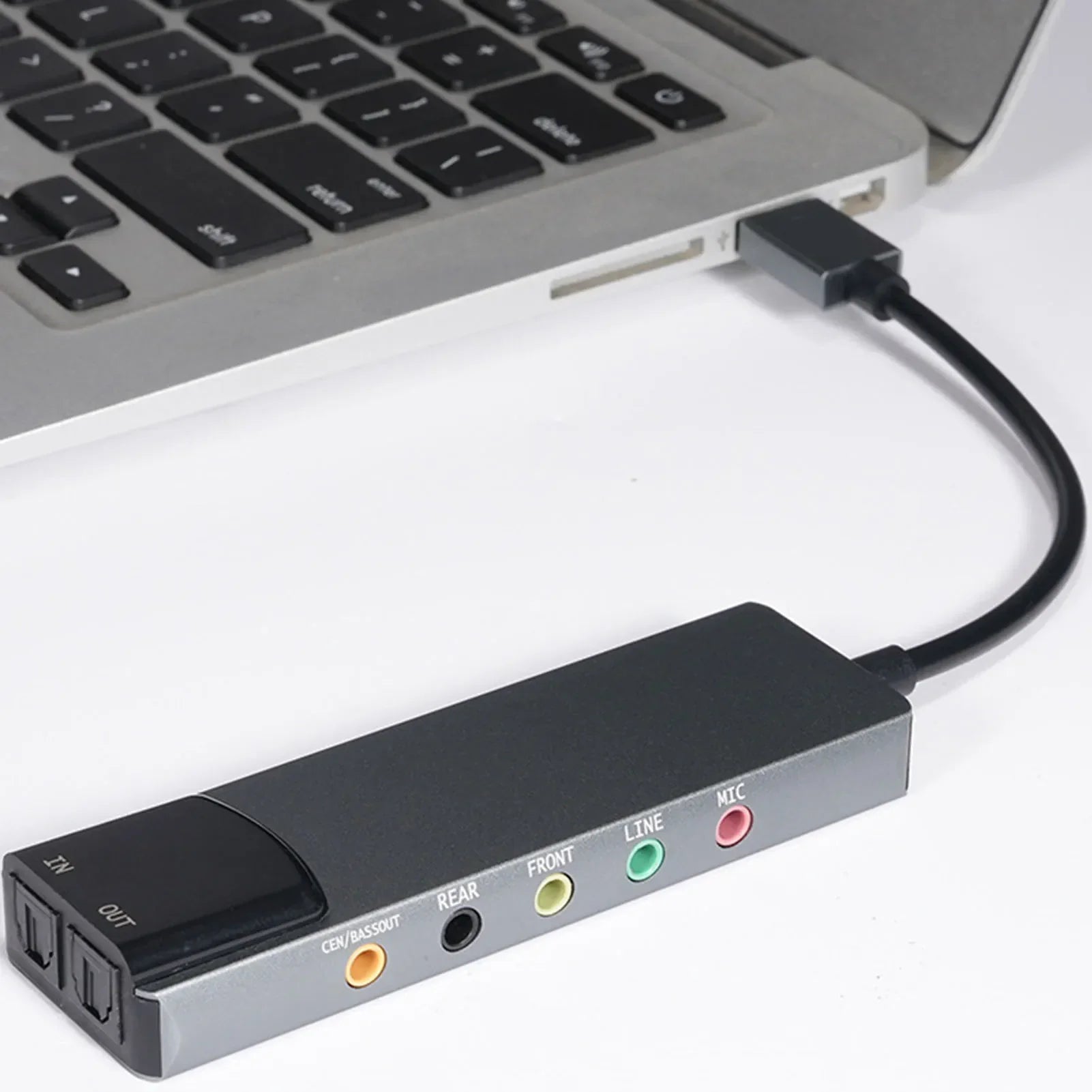 Black and silver 7.1 usb 2.0 external sound card with spdif digital sound and multiple ports for high resolution music