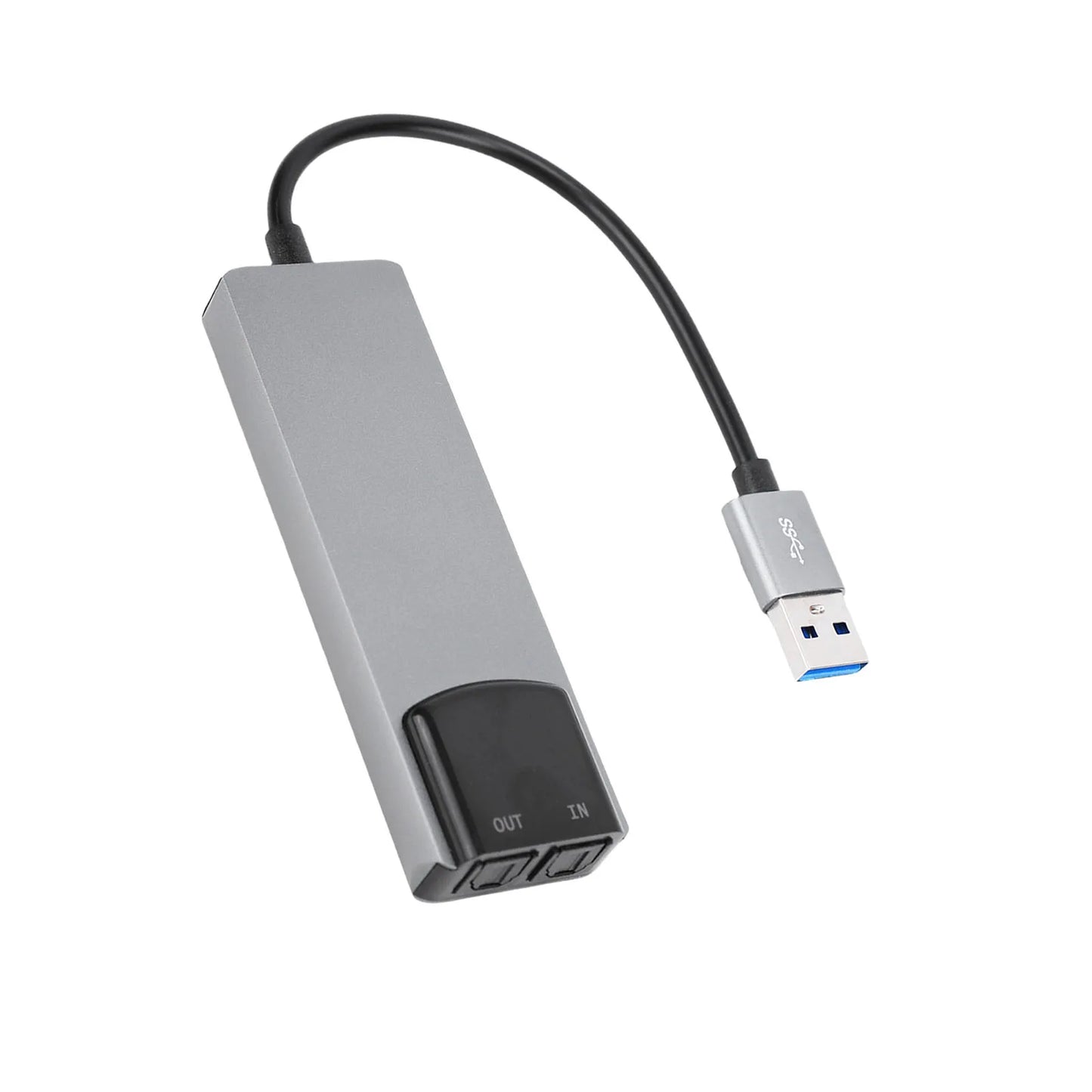 Gray usb 3.0 hub with blue port and labeled in and out for 7.1 usb surround sound external sound card with spdif digital sound