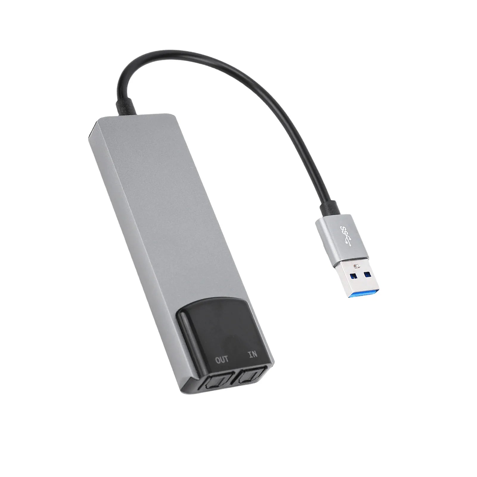 Gray usb 3.0 hub with blue port and labeled in and out for 7.1 usb surround sound external sound card with spdif digital sound