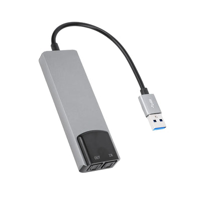 Gray usb 3.0 hub with blue port and labeled in and out for 7.1 usb surround sound external sound card with spdif digital sound