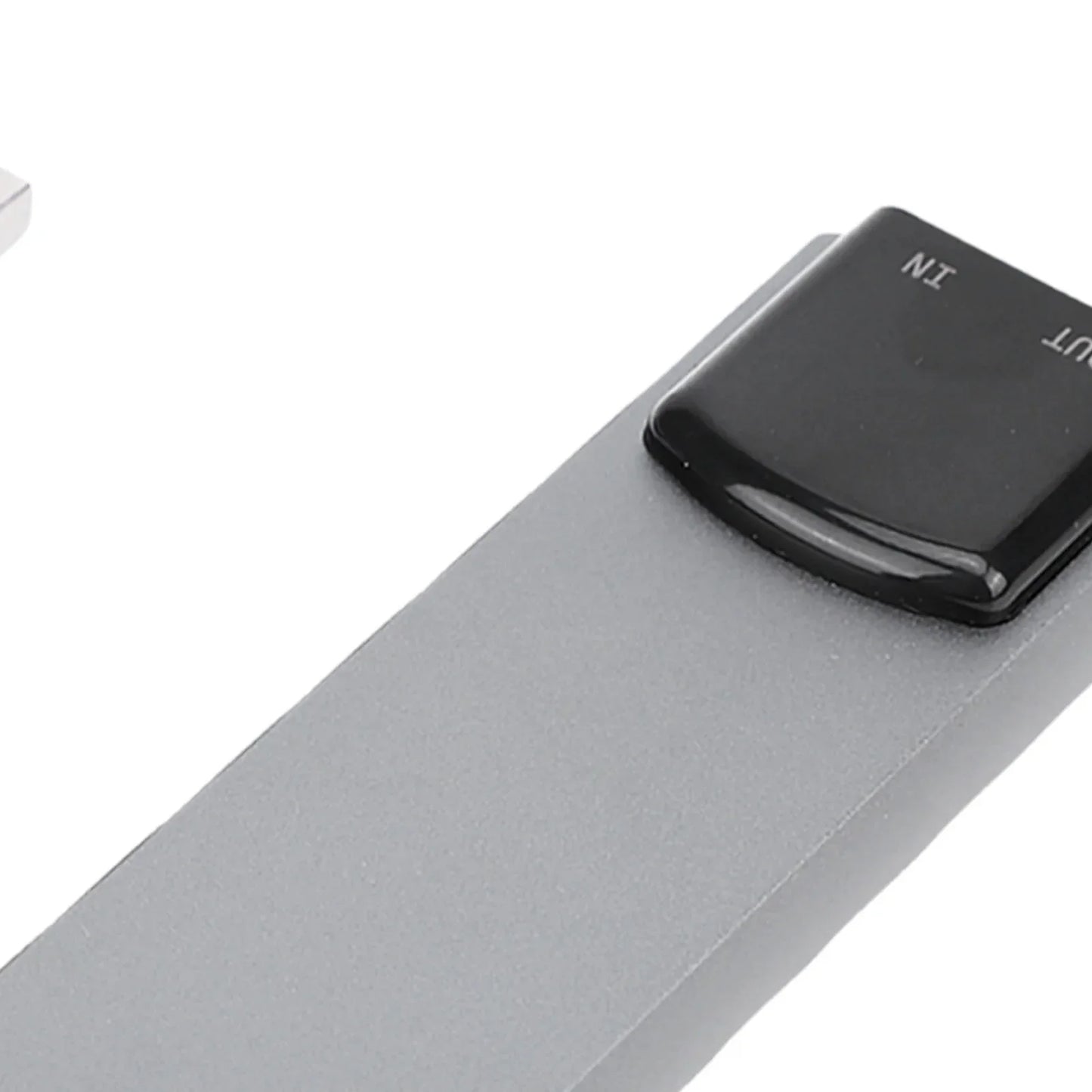 Gray usb flash drive with black glossy cap labeled in and out for 7.1 usb surround sound external sound card with spdif digital sound