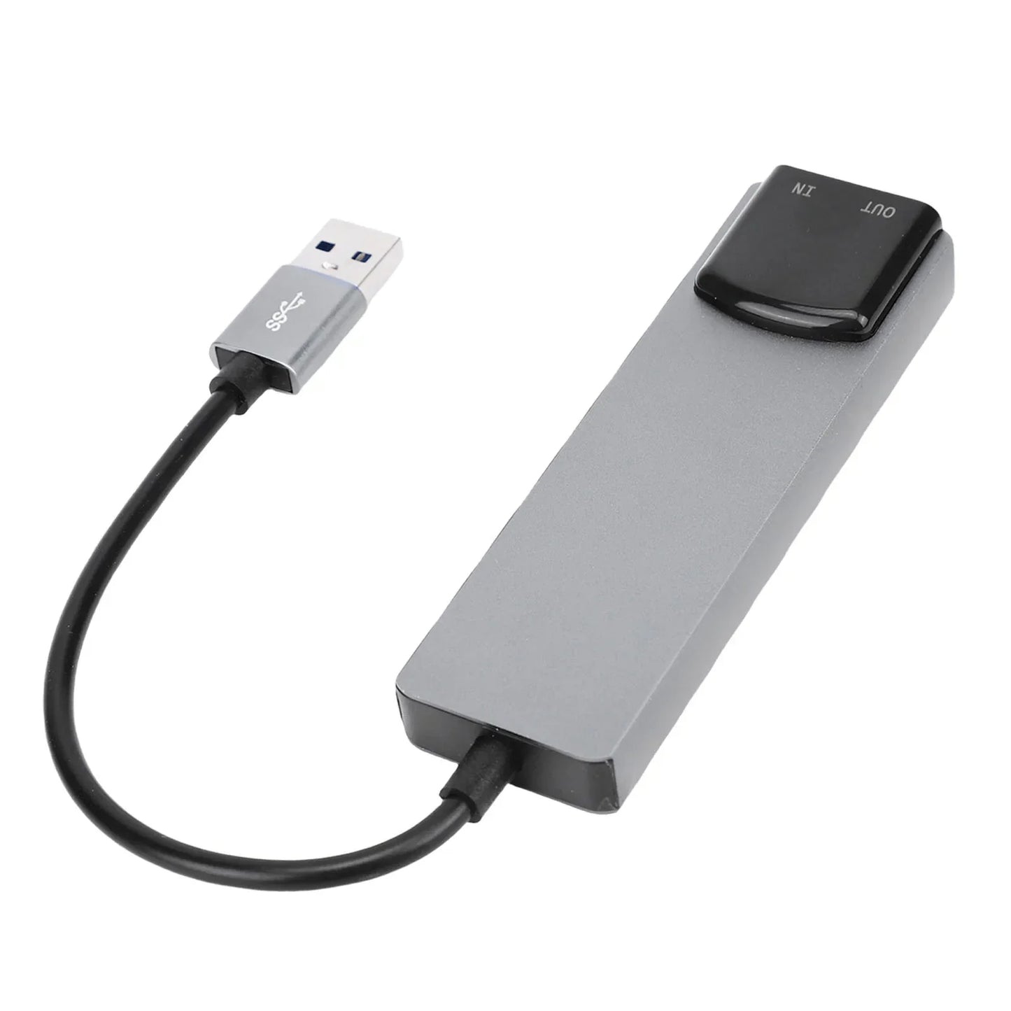 Gray external sound card with black input output switch and short cable featuring spdif digital sound and usb surround sound