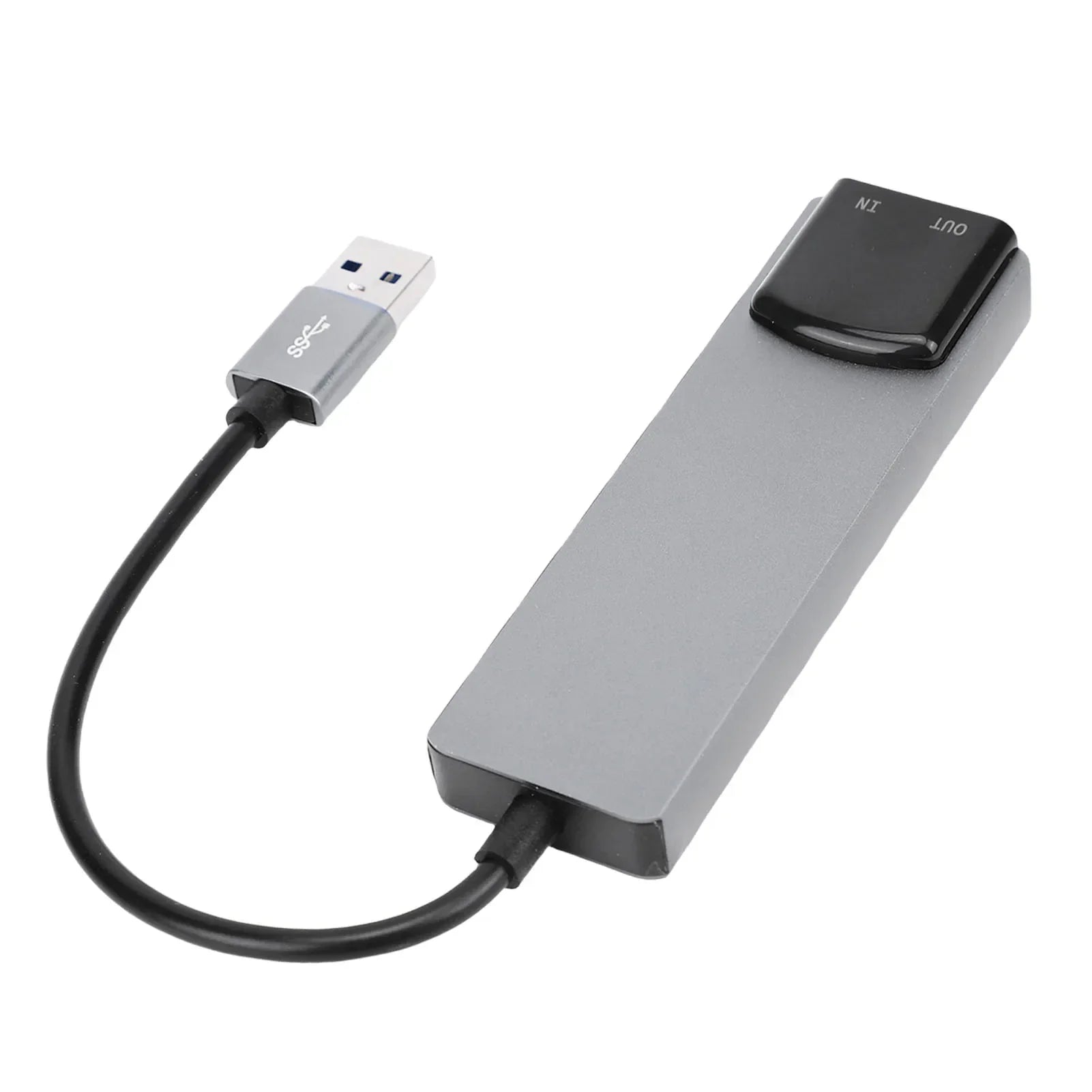 Gray external sound card with black input output switch and short cable featuring spdif digital sound and usb surround sound