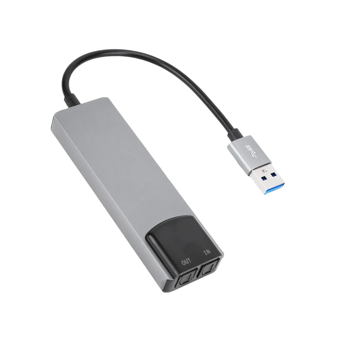 Gray usb-to-hdmi adapter with black cable and labeled ports on the back of a silver external sound card with spdif digital sound