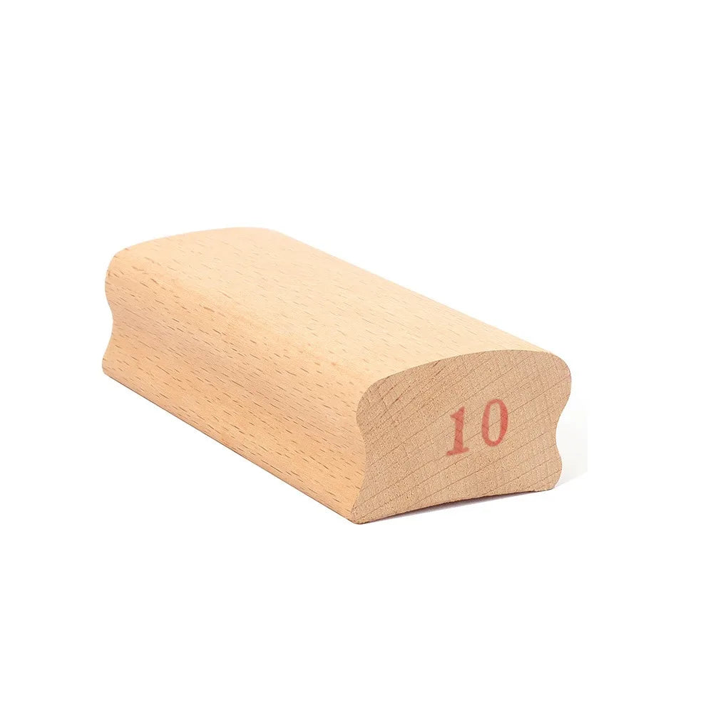 Light-colored wooden guitar radius sanding block with smooth curved surface marked 10 for parts arc polishing use