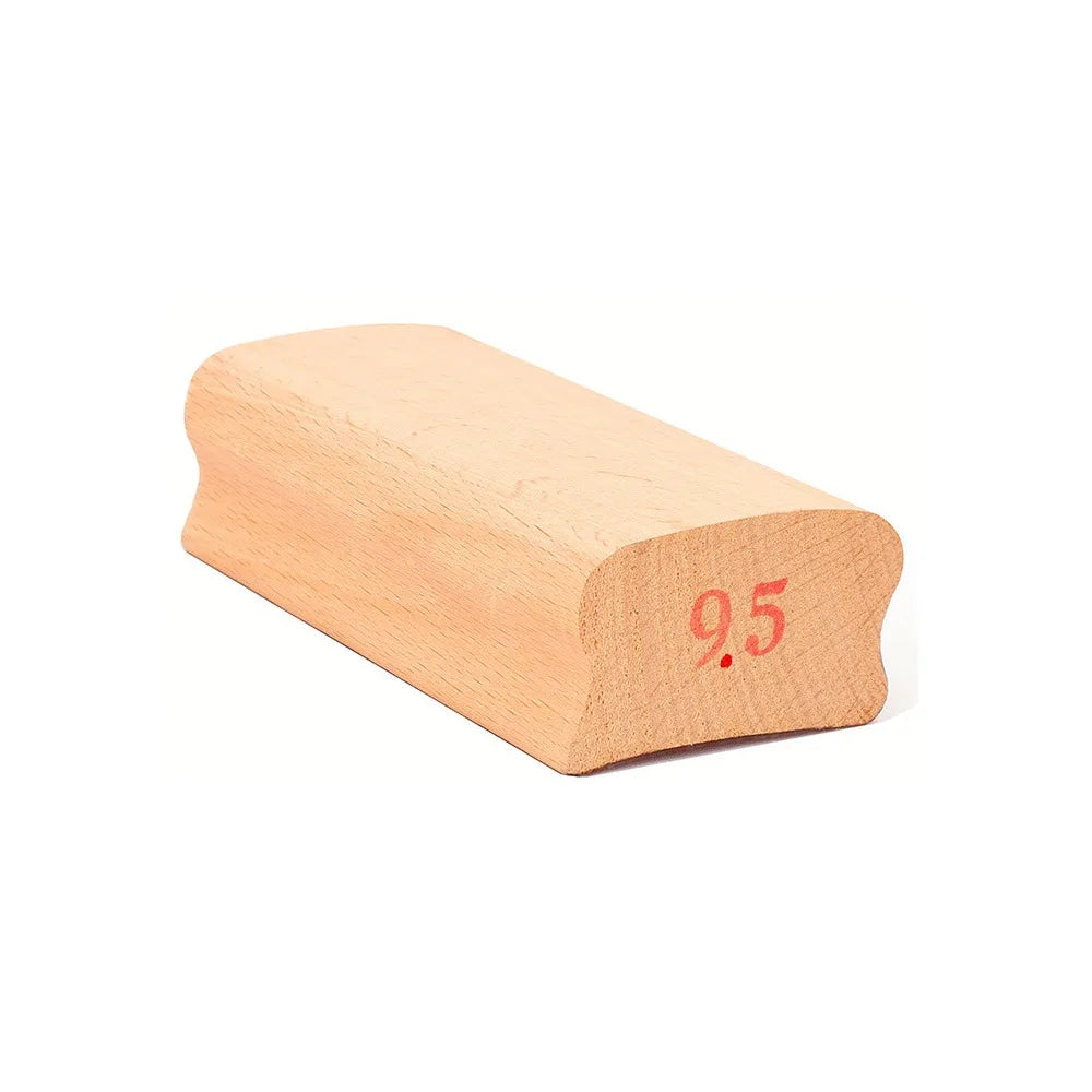 Light-colored wooden guitar radius sanding block with smooth curved surface and 9.5 inch mark for parts arc polishing