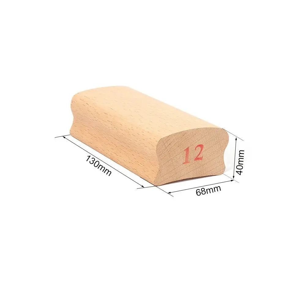 Light-colored wooden guitar radius sanding block with rounded edges and red 12 inch mark for parts arc polishing