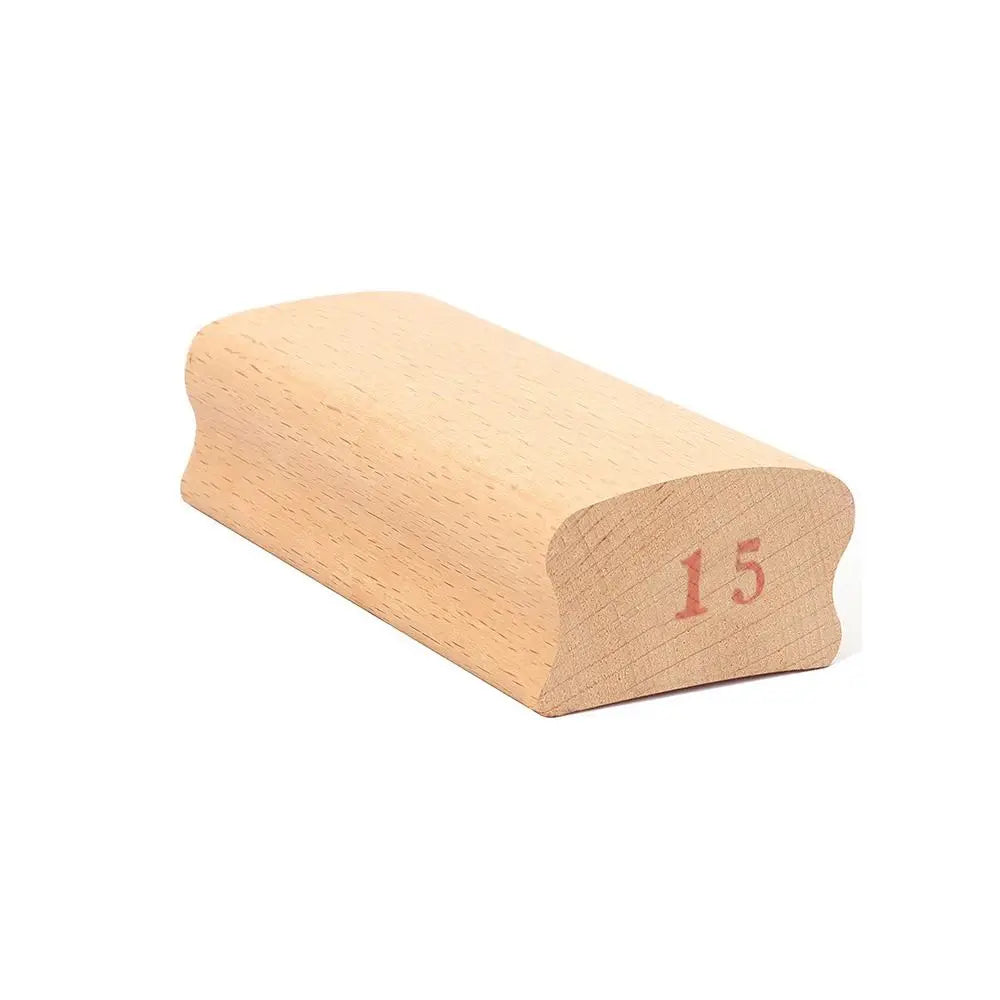 Light-colored wooden guitar radius sanding block with smooth curved surface and red 15 stamped for parts arc polishing