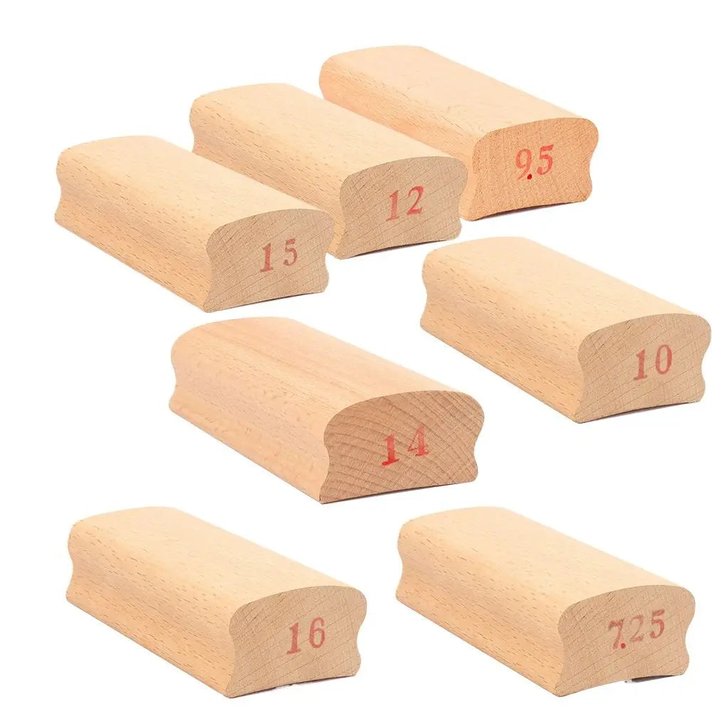 Set of light-colored wooden guitar radius sanding blocks with red numerical markings for parts arc polishing and fret leveling