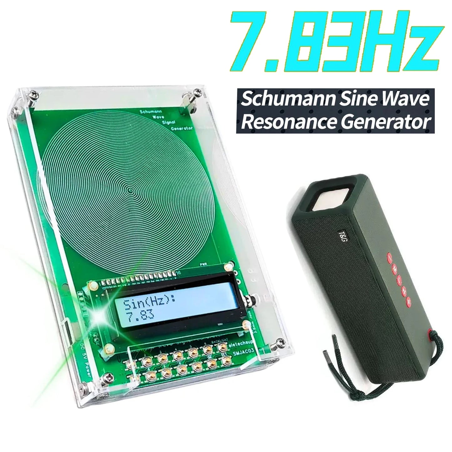 Clear acrylic case housing a green digital circuit crystal with pure sine wave lcd screen for schuman wave generator