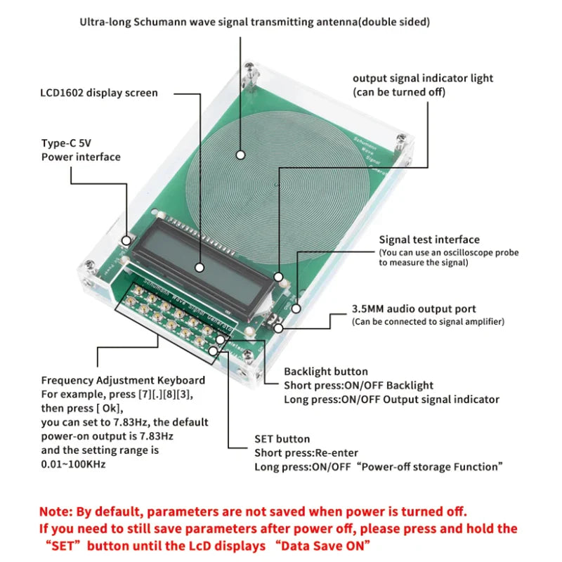 Green circuit board with circular antenna lcd1602 display and ports for type-c power and 3.5mm audio in 7.83hz schumann wave generator digital circuit crystal