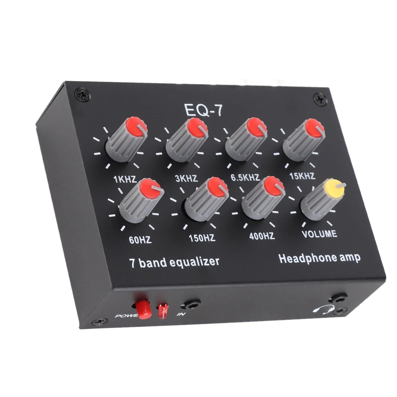 Black eq-7 7 band sound equalizer headphone amp with gray knobs and red accents featuring high bass adjustment