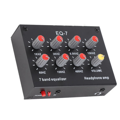 Black eq-7 7 band sound equalizer headphone amp with gray knobs and red accents featuring high bass adjustment
