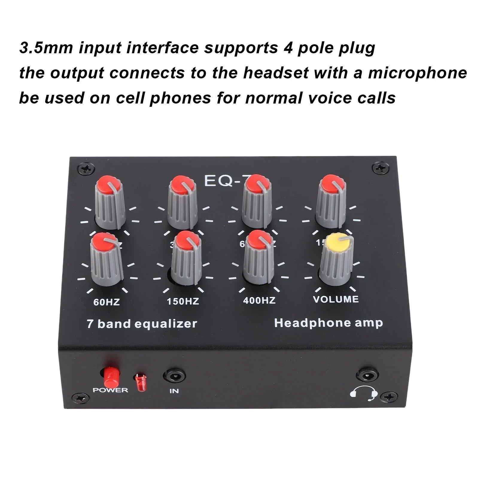 Black eq-7 7 band digital equalizer headphone amplifier with red and yellow knobs for high bass adjustment and volume control