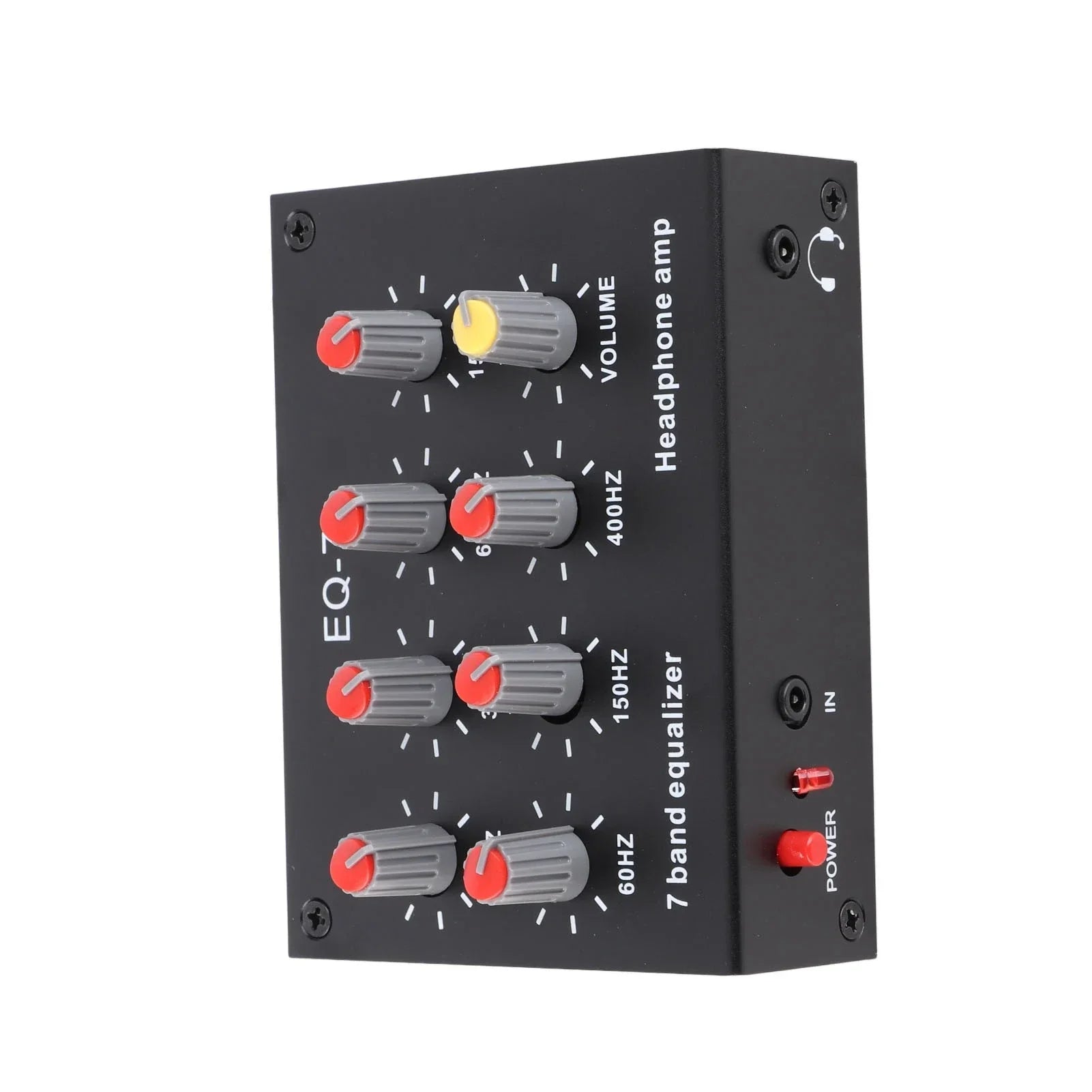 Black 7-band digital equalizer with gray knobs and high bass adjustment for precise band sound equalizer control