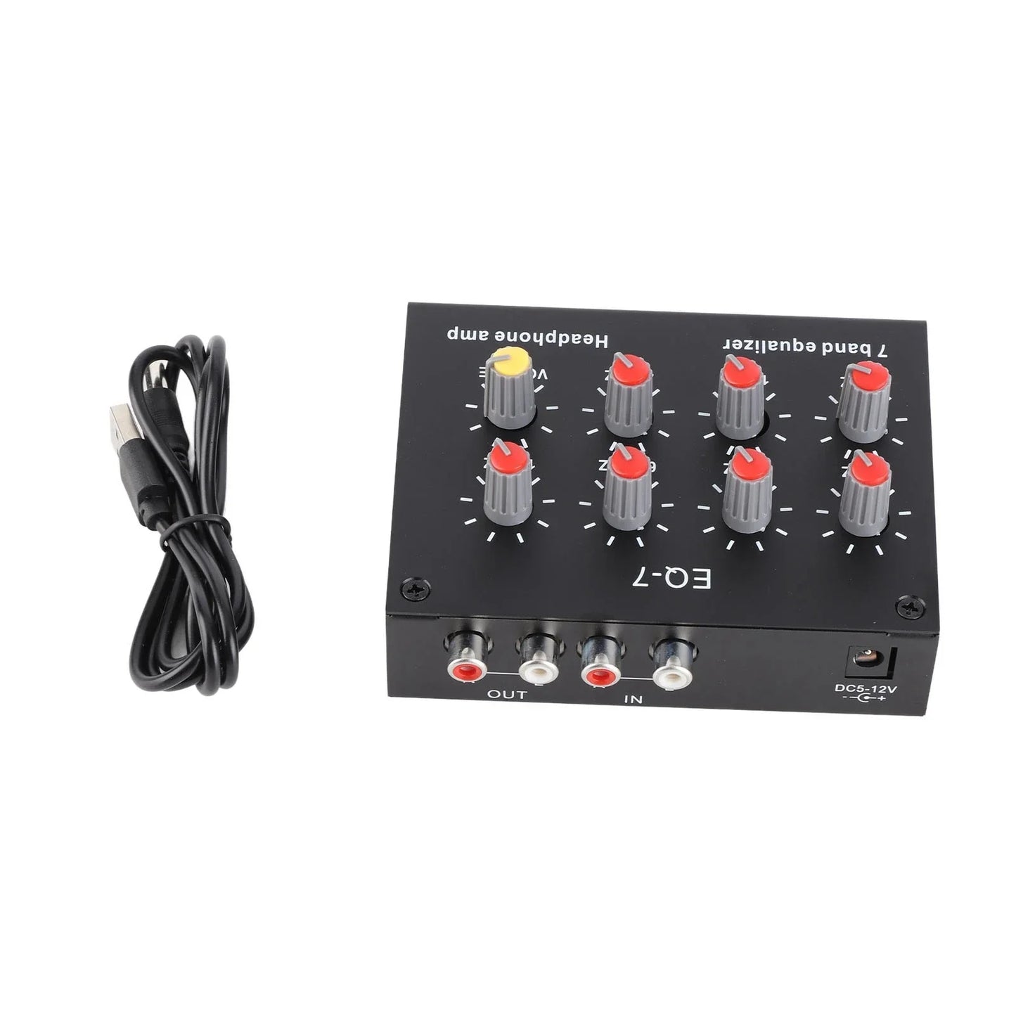 Black rectangular eq-7 7 band digital equalizer with red and yellow knobs, silver rca jacks, usb cable, and high bass adjustment