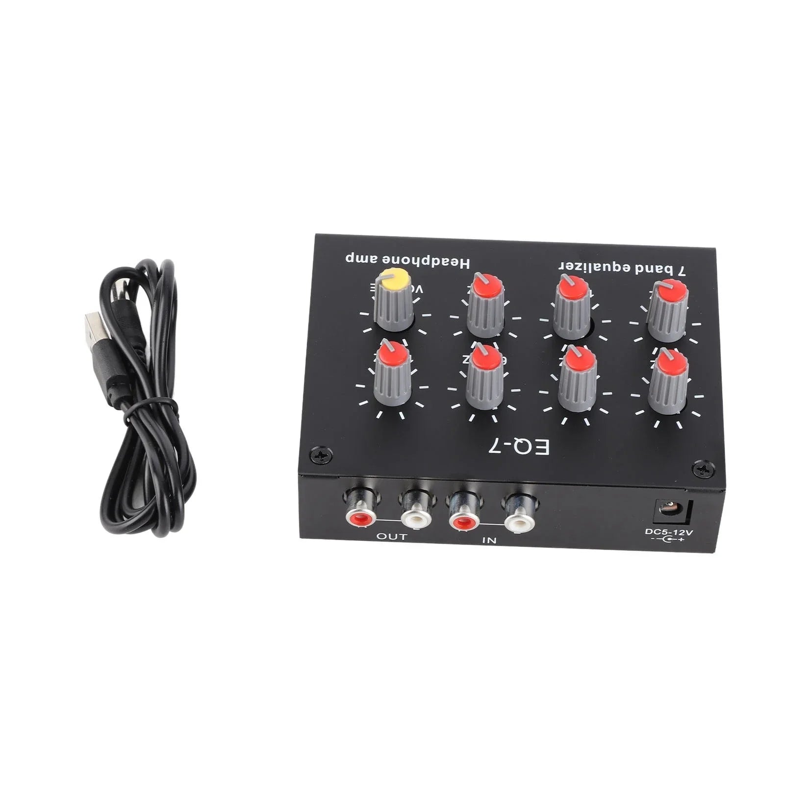 Black rectangular eq-7 7 band digital equalizer with red and yellow knobs, silver rca jacks, usb cable, and high bass adjustment