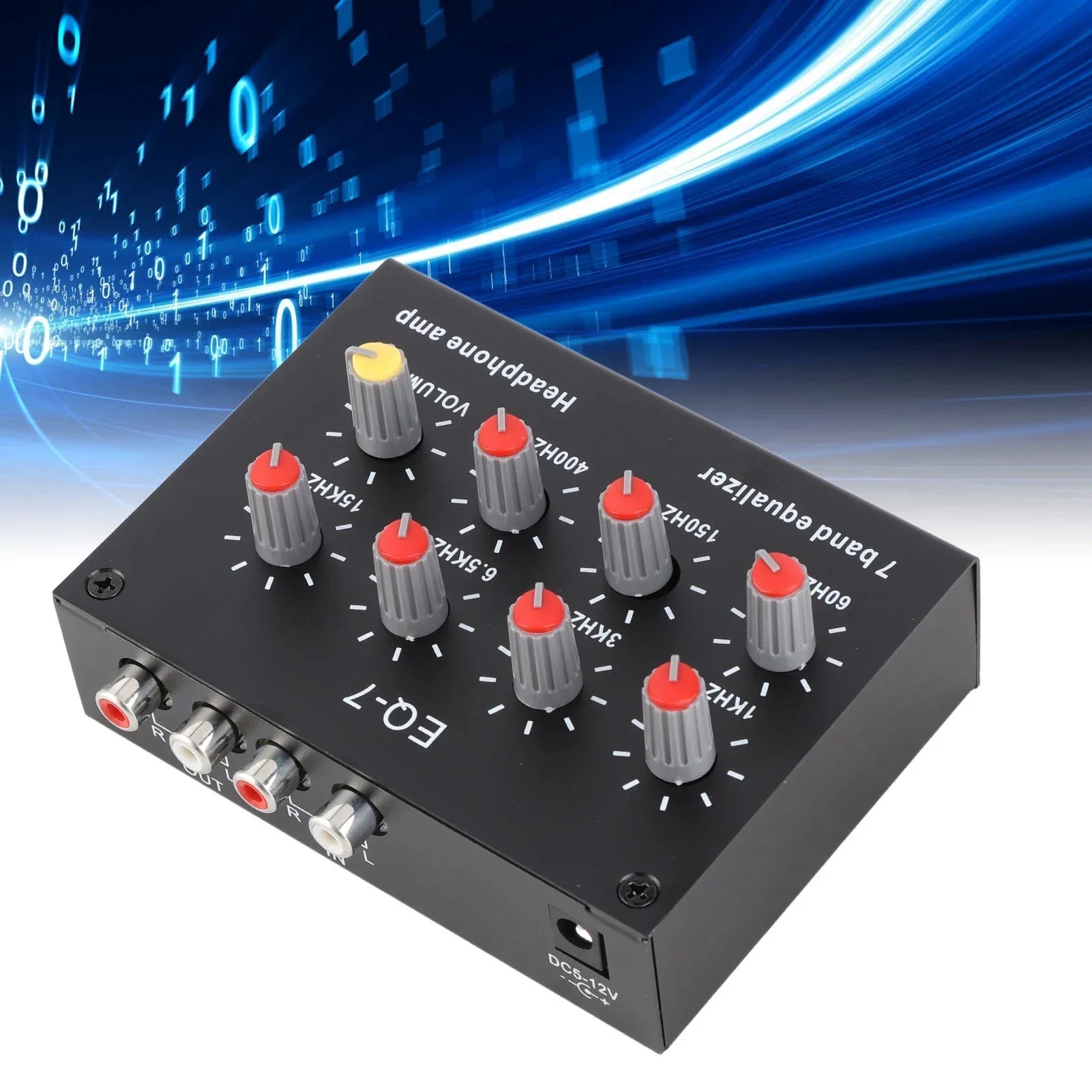 Black rectangular 7 band digital equalizer headphone amp with gray knobs and red tops for high bass adjustment and band sound equalizer