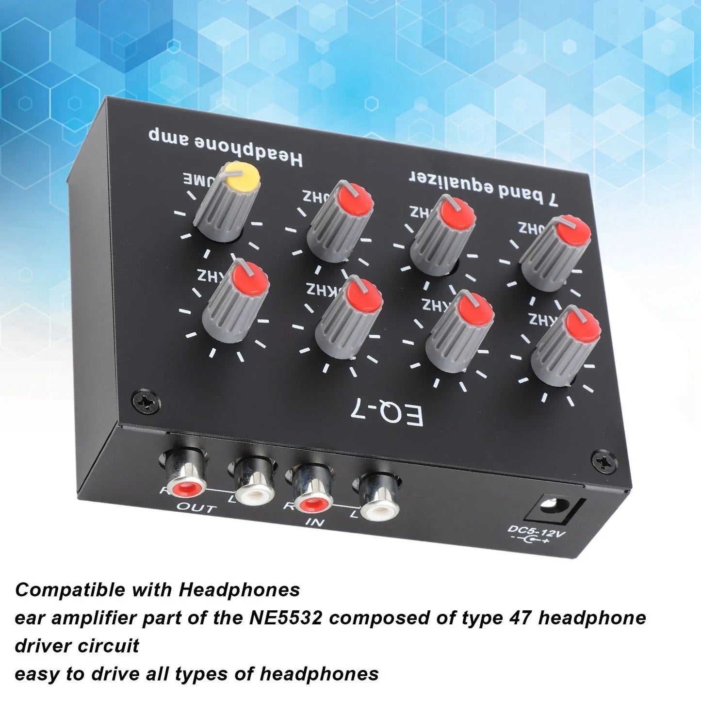 Black rectangular 7 band digital equalizer with gray knobs red tops and high bass adjustment for band sound equalizer use