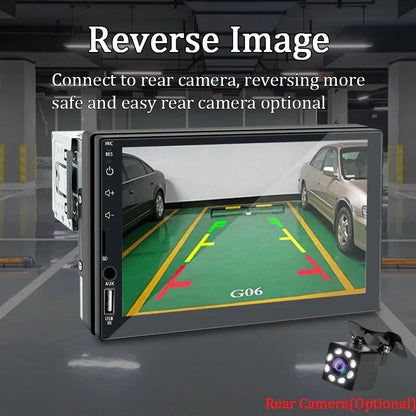 Rear view of black and silver 7 inch din mp5 multimedia player hd touch screen with usb bt mirror parking guidance display