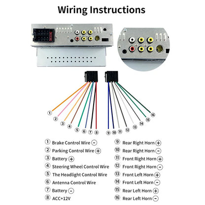 Silver 7 inch din mp5 multimedia car radio back side with multiple wiring connectors and labeled usb bt mirror terminals