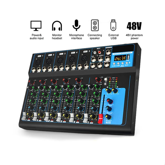 Black and blue 7-channel professional audio mixer with 99dsp reverb effects, bluetooth, usb, and 48v phantom power