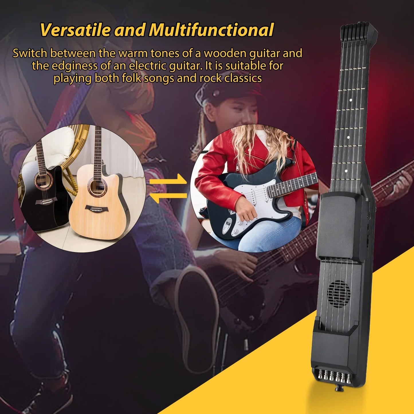Black 7 frets smart electric guitar with adjustable neck built-in speaker for guitar silent practice and digital tuner metronome
