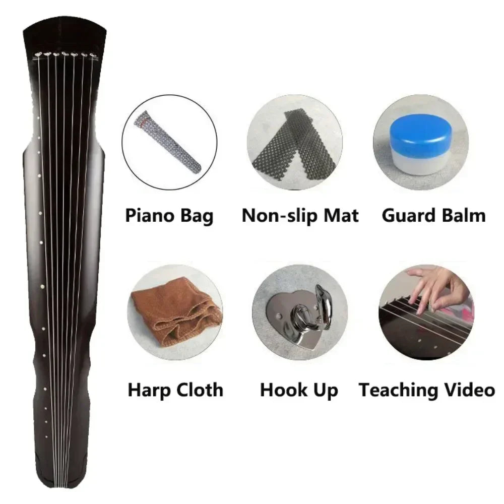 Black wooden guqin zither handmade with seven strings and white decorative dots for beginner chinese traditional accessories