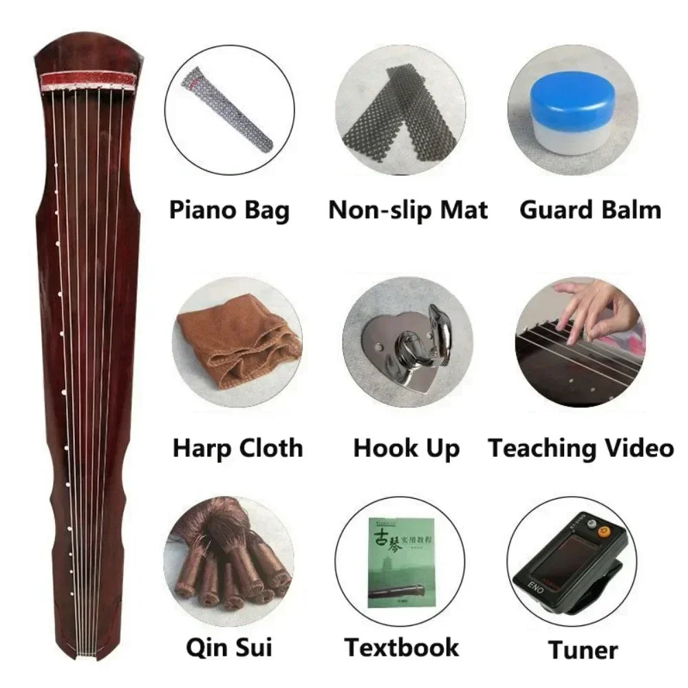 Traditional guqin zither handmade with seven strings and dark reddish-brown wood for beginner use with accessories chinese traditional