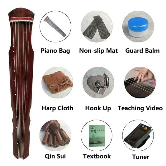Traditional guqin zither handmade with seven strings and dark reddish-brown wood for beginner use with accessories chinese traditional