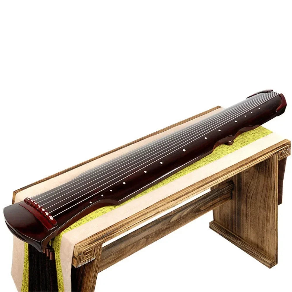 Traditional guqin zither handmade with seven strings glossy dark brown body and white dot inlays for beginner use with accessories Chinese traditional