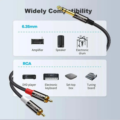 RCA To 6.35mm Audio Cable Heavy Duty 1/4 Inch TRS Jack To 2RCA Stereo Y Splitter Adapter Cable for Speaker AV Receiver Amplifier