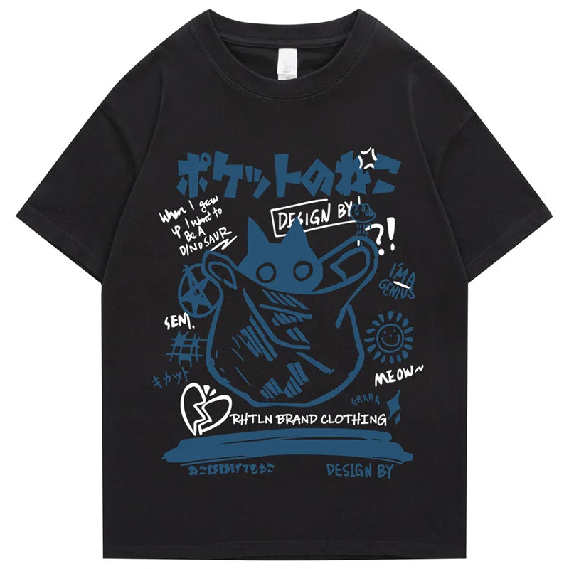 Hip Hop T-Shirt Men Streetwear Japanese Kanji Funny Cat Printed T Shirt 2023 Men Harajuku Cotton Casual Short Sleeve Tshirt Tops