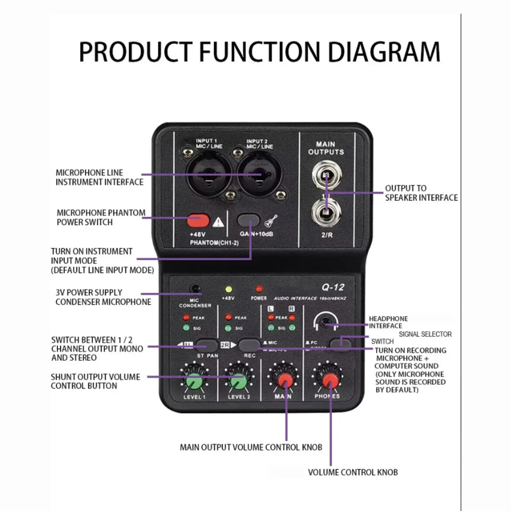 2 Channels Professional portable Audio Interface sound card console mini USB MIXER for Guitar Recording Studio Singing Q12