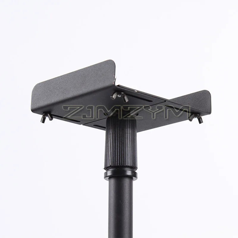 Black metal adjustable speaker stand with ribbed collar and angled arms for floor stand surround theater speaker bracket