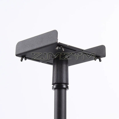 Black metal adjustable speaker stand with ribbed collar and angled arms for floor stand surround theater speaker bracket