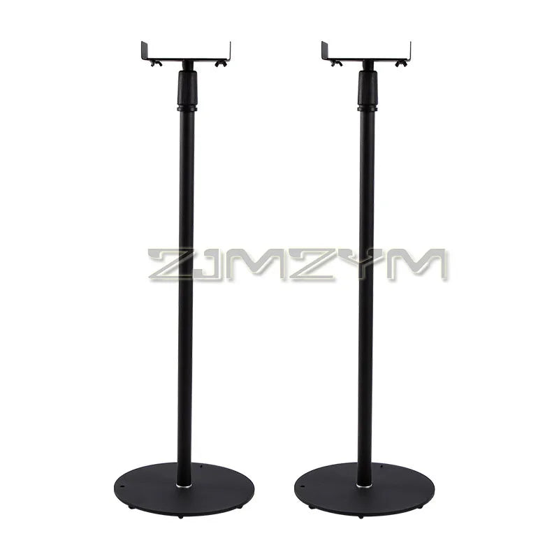 Black metal adjustable speaker stand with circular bases for surround frame home theater speaker bracket use