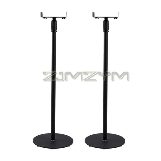 Black metal adjustable speaker stand with circular bases and height range 75-140cm for floor stand surround use