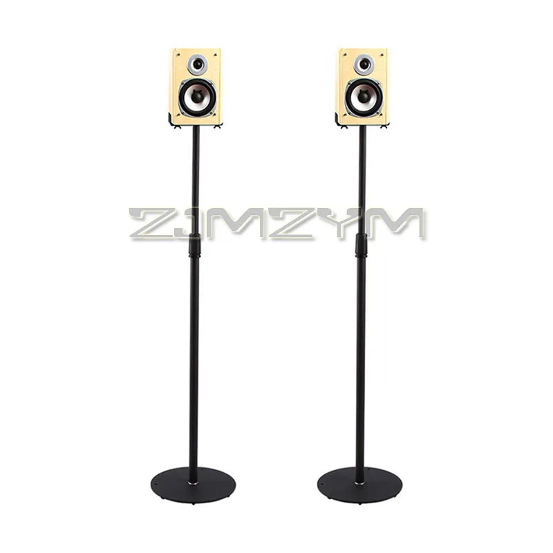 Pair of cream-colored studio speakers mounted on black adjustable speaker stand floor stand surround bracket