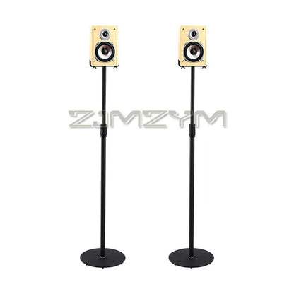 Pair of cream-colored studio speakers mounted on black adjustable speaker stand floor stand surround bracket
