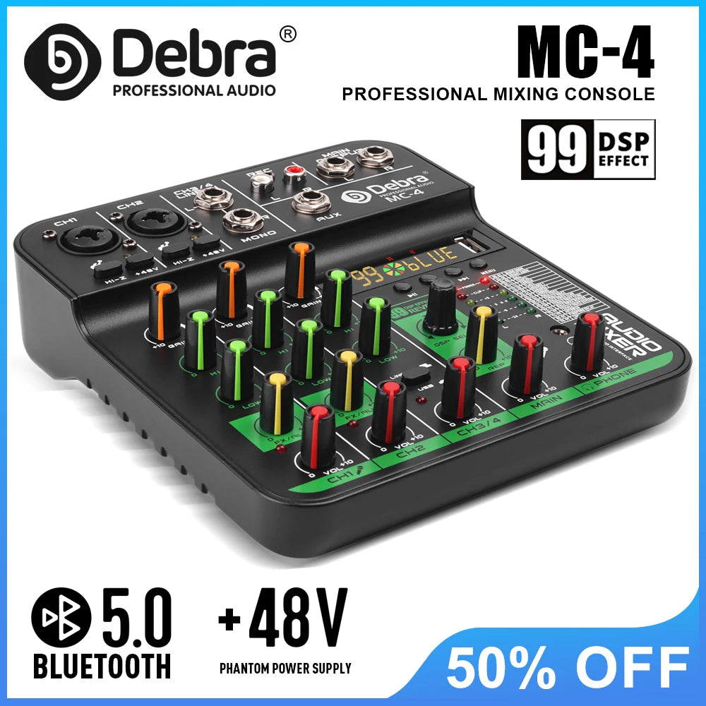 Debra MC4 Mixing Console, 99 DSP reverb effects, Bluetooth 5.0, 48V phantom power, ideal for DJ mixing and weddings