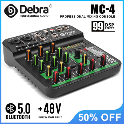 Debra MC4 Mixing Console, 99 DSP reverb effects, Bluetooth 5.0, 48V phantom power, ideal for DJ mixing and weddings