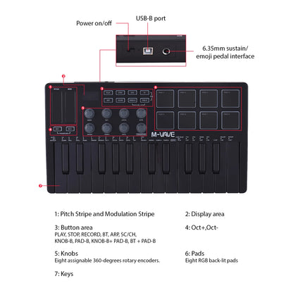 MIDI Keyboard Controller Beat Maker Machine Rechargeable 25 Keys MIDI Keyboard Portable Arranging Strike Pad RGB Backlight MIDI