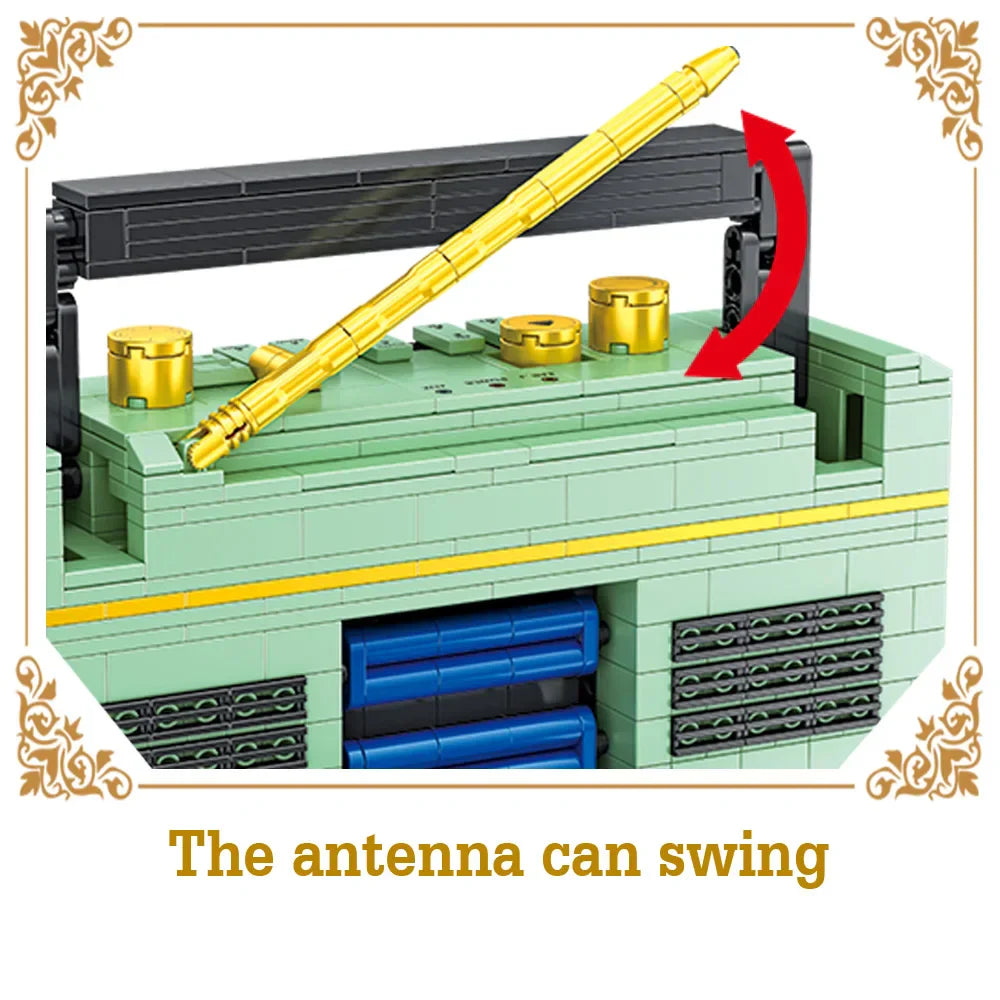 A mint green and black plastic 781pcs retro radio building blocks set resembling a vintage music player display kit